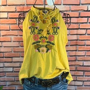 👚🌻🌸🌺Boho Embroidered Halter Top Tassel Tie A-Line Yellow Women’s Large NWOT 🌺🌸🌻